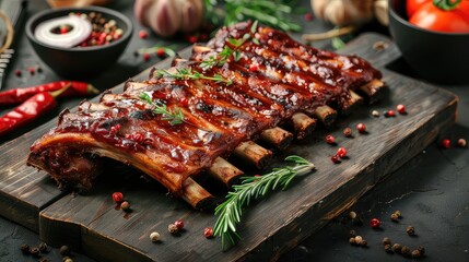 Grilled ribs on cutting board. Savor the savory perfection of these grilled ribs, each bite a tantalizing explosion of taste. - obrazy, fototapety, plakaty