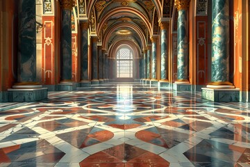  A long, grand hallway with a marble floor stretches into the distance. Tall columns made of light-colored stone line either side of the hallway. Paintings and sculptures adorn the walls.
