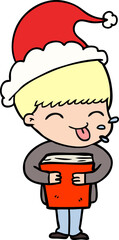 hand drawn line drawing of a boy wearing santa hat