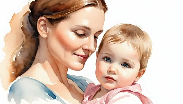 Mother and child hugging each other on a white background, watercolor painting style, Mother's Day