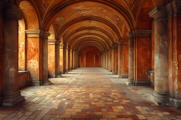Fototapeta na wymiar The image shows a long hallway with arched doorways and a tiled floor. The hallway appears to be made of brick and has a vaulted ceiling. In the distance, a large window with stained glass can be seen