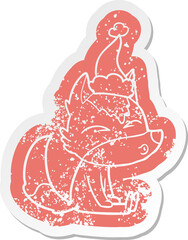 quirky cartoon distressed sticker of a wolf whistling wearing santa hat