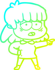cold gradient line drawing of a cartoon tired woman pointing