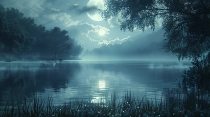Mystical Nature, Moonlit lake revealing hidden magic and unseen dancers.