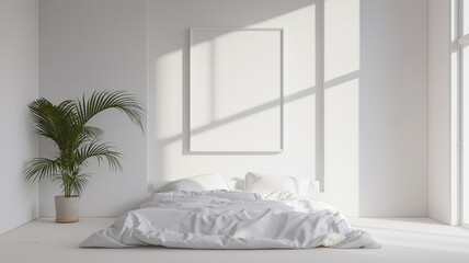A minimalist bedroom bathed in morning light, with a lush potted palm and a large, inviting bed with crisp white linen.