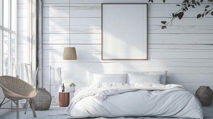 A serene, sunlit bedroom featuring white wooden walls, a framed blank canvas, and natural textures.