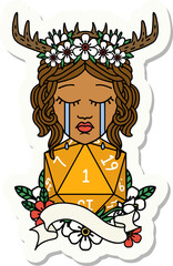 sticker of a crying human druid with D20 natural one roll