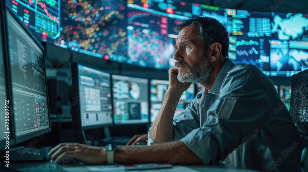 Poster A man sitting at a desk in front of multiple monitors. Ideal for business and technology concepts