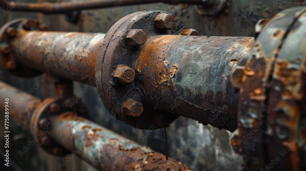 Poster A rusty pipe attached to a building wall. Suitable for industrial concepts