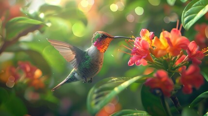 Fototapeta premium A beautiful hummingbird feeding from a colorful flower. Perfect for nature and wildlife concepts