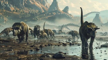Prehistoric dinosaurs in natural habitat, suitable for educational materials