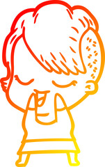 warm gradient line drawing of a happy cartoon girl