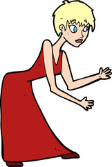 cartoon woman in dress gesturing