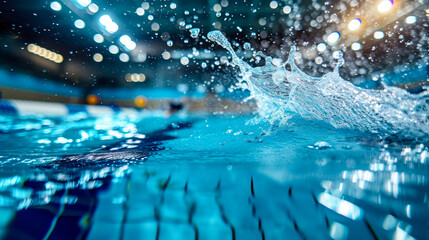 A splash of water freezes mid-air as a swimmer dives into a pool, capturing the dynamic energy and elegance of human movement in aquatic surroundings