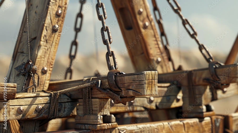 Leinwandbilder detailed view of wooden structure with chains, versatile for various design projects
