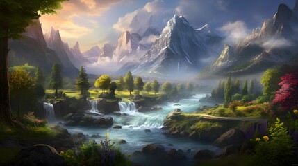 Mountain river panorama. Digital painting. Panoramic image. - obrazy, fototapety, plakaty
