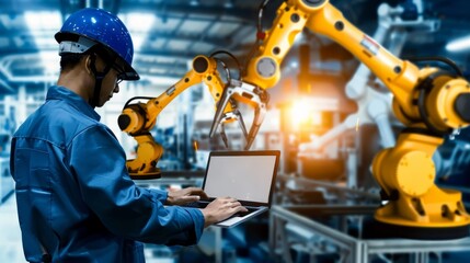 An engineer operates robotic arms using a laptop in an industrial factory, Robotics, Engineering, Technology concept - obrazy, fototapety, plakaty