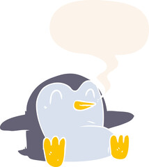 cartoon penguin with speech bubble in retro style