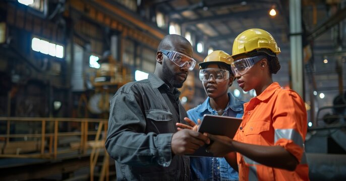 A black male and female wearing safety glasses work together in an industrial setting, holding an iPad, Collaboration, safety, teamwork, industrial technology concept
