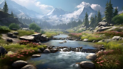 Panoramic view of a mountain river in the forest. Beautiful summer landscape.