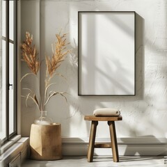 A wooden stool placed in front of a window, suitable for interior design concepts