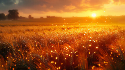 Sunset in Countryside, A serene sunset over a dewy field, casting warm hues. - obrazy, fototapety, plakaty