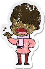 distressed sticker of a cartoon woman talking