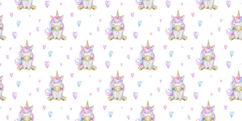 Print of cute little unicorns and hearts. Background of baby ponies. Watercolor hand drawn seamless pattern for children's rooms, goods, clothes, postcards, baby shower and nursery, fabric