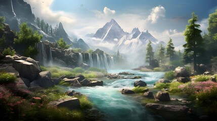 Fantastic panoramic view of the waterfall and the mountains