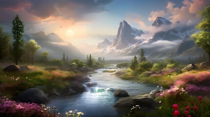 Panoramic view of a mountain river in the morning. Beautiful summer landscape.