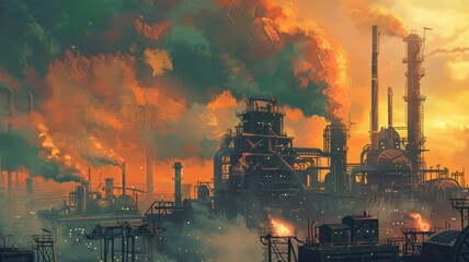 Apocalyptic orange skies over industry - An intense depiction of industrial structures under apocalyptic-like orange skies - obrazy, fototapety, plakaty