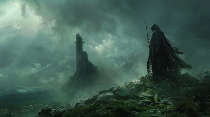 Fantasy Artwork, A mystical landscape with a cloaked figure and foreboding tower. - obrazy, fototapety, plakaty