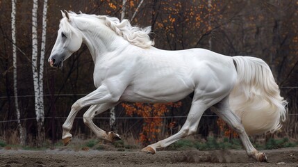 A magnificent white stallion performs elegant dressage movements, its grace unmatched.