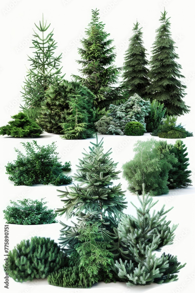 Poster Assorted tree types on a plain white surface, versatile for various projects