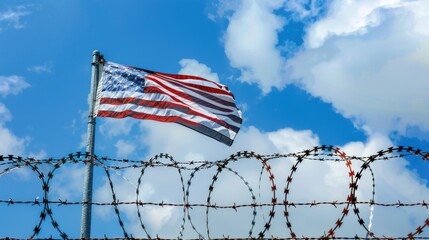 Patriotic image of American flag waving over barbed wire fence, suitable for political and national themes