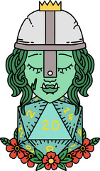 Retro Tattoo Style orc fighter character with natural twenty dice roll