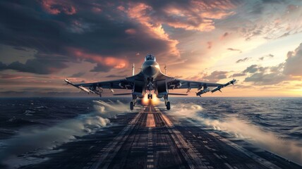 Fighter jet ascending above the ocean at sunset - Image of a fighter jet ascending with full afterburners against a beautiful sunset over the ocean - obrazy, fototapety, plakaty
