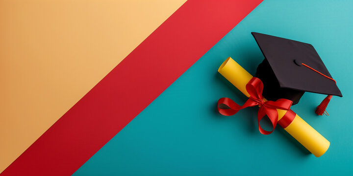 Graduation Cap and Diploma on Color Background - Academic Achievement and Education Symbol for Promotional Use.