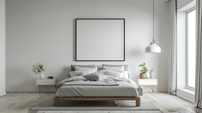 Perspective of modern bedroom with picture frame and white hanging lamp
