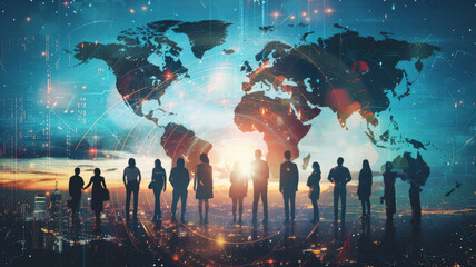 Silhouettes of Diverse People Against Global Network - Silhouettes of diverse people standing before a global network backdrop representing international collaboration and unity - obrazy, fototapety, plakaty