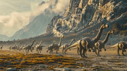 Fototapeta premium A herd of dinosaurs moving across a grassy landscape. Suitable for educational materials or children's books