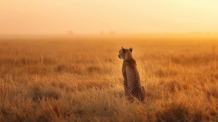 A lone cheetah surveys the savannah at dawn, urging us to protect habitats under threat. - obrazy, fototapety, plakaty