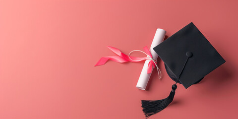 Graduation Cap and Diploma on Color Background - Academic Achievement and Education Symbol for Promotional Use.