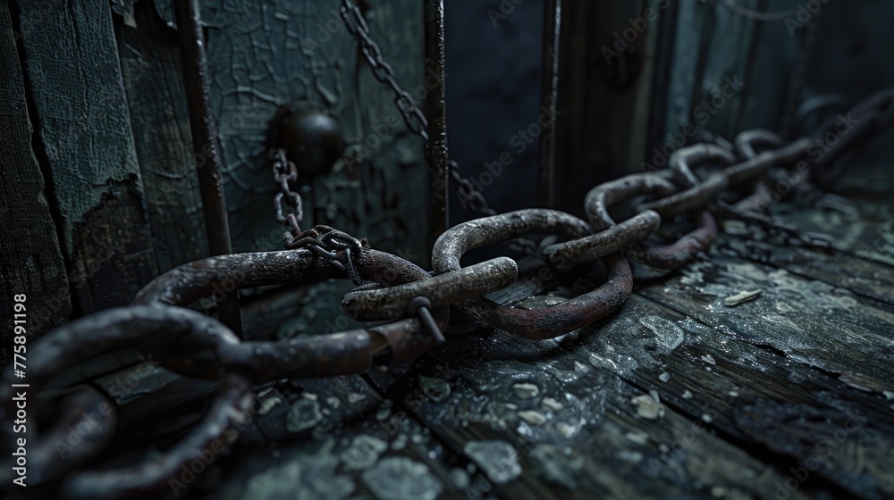 Poster close up of a chain lying on a wooden floor. suitable for industrial or security concepts
