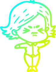 cold gradient line drawing of a cartoon angry girl