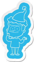 quirky cartoon  sticker of a happy man wearing santa hat