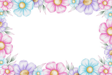 Square frame of purple pink, blue flowers with leaves. Isolated hand drawn watercolor wreath for invitation, wedding, greeting cards, baby shower, Valentine's day