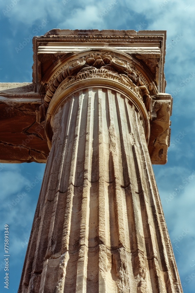 Poster Close up view of a column with a clear blue sky in the background. Suitable for architectural and construction concepts