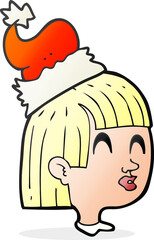 freehand drawn cartoon girl wearing christmas hat