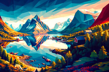 Beautiful Norwegian panoramic landscape, Fjord village and mountains in the background, low poly color illustration. - obrazy, fototapety, plakaty
